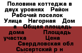Половина коттеджа в двух уровнях › Район ­  Рабочий поселок › Улица ­ Нагорная › Дом ­ 1а › Общая площадь дома ­ 112 › Площадь участка ­ 800 › Цена ­ 6 000 000 - Свердловская обл., Сысертский р-н, Арамиль г. Недвижимость » Дома, коттеджи, дачи продажа   